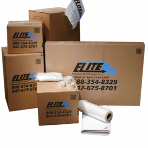 Storage or moving cardboard boxes, packing tape, bubble wrap, moving supplies