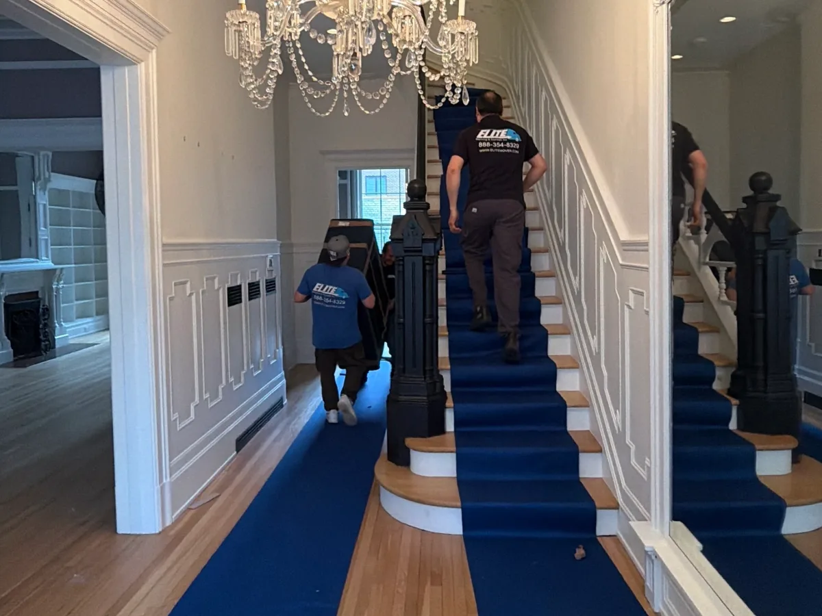 Elite movers carrying items down a staircase covered with protective runners during a Chicago area move
